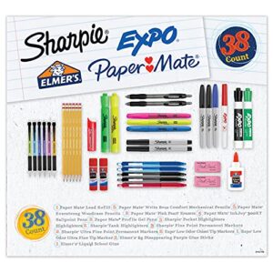 school supplies variety pack, sharpie, expo, paper mate, elmer’s, permanent markers, mechanical pencils, woodcase pencils, ballpoint pens, gel pens, school glue, glue sticks, and more, 38 count