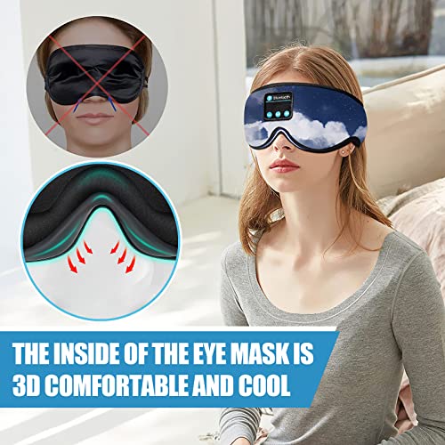 Sleep Headphones, Sleep Mask with Bluetooth Music Headphones 3D Eye Mask,Cotton Sleeping Headphones for Side Sleepers with Adjustable Ultra Thin Stereo, Gift for Women Gadgets for Men (Sky)