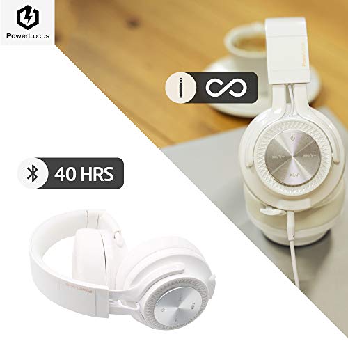 PowerLocus P3 Wireless Bluetooth Headphones Over-Ear, [40h Playtime, Bluetooth 5.0] Foldable Stereo Wireless/Wired Headphone Over Ear with Mic Deep Bass Headset for iOS/Android/Laptop/PC/TV - White