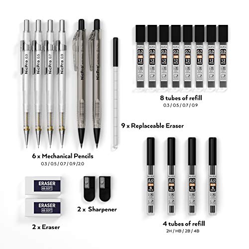 Nicpro 6 PCS Art Mechanical Pencils Set with Case, Drafting Pencil 0.3 & 0.5 & 0.7 & 0.9 mm and 2mm Lead Holder (4B 2B HB 2H) For Art Writing, Sketching Drawing,With Lead Refills Erasers Sharpener