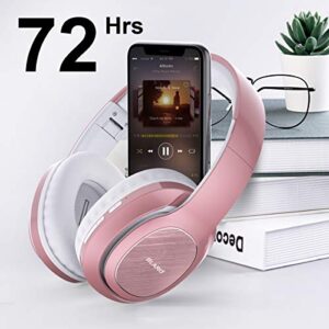 BLARO Bluetooth Headphones Over Ear, Hi-Fi Deep Bass Wireless and Wired Headsets, 72 Hours Playtime, Soft Memory Protein Earmuffs, Foldable Headphones with CVC6.0 Mic-Rose Gold