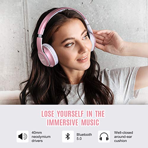 BLARO Bluetooth Headphones Over Ear, Hi-Fi Deep Bass Wireless and Wired Headsets, 72 Hours Playtime, Soft Memory Protein Earmuffs, Foldable Headphones with CVC6.0 Mic-Rose Gold