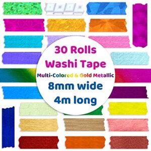 30 Rolls Washi Tape,Multi-Colored & Gold Metallic Washi Masking Tape - 8mm x 4m Rainbow Paper Tape for DIY Crafts (Mix)