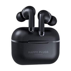 happy plugs air 1 anc – premium quality true wireless bluetooth earbuds – charging case & built-in microphones – excellent active noise cancelling – 38 hours battery life – black