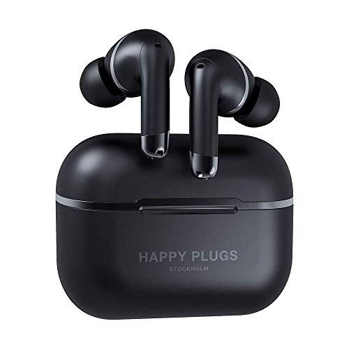 Happy Plugs Air 1 ANC – Premium Quality True Wireless Bluetooth Earbuds – Charging Case & Built-in Microphones – Excellent Active Noise Cancelling – 38 Hours Battery Life - Black