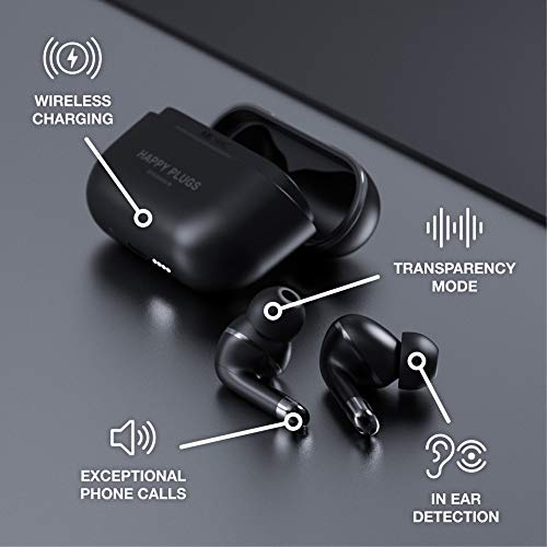 Happy Plugs Air 1 ANC – Premium Quality True Wireless Bluetooth Earbuds – Charging Case & Built-in Microphones – Excellent Active Noise Cancelling – 38 Hours Battery Life - Black