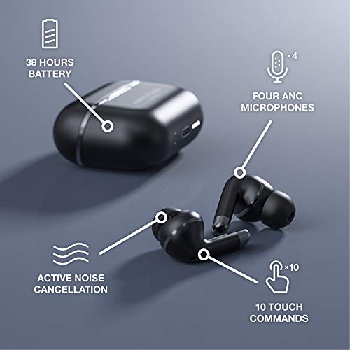 Happy Plugs Air 1 ANC – Premium Quality True Wireless Bluetooth Earbuds – Charging Case & Built-in Microphones – Excellent Active Noise Cancelling – 38 Hours Battery Life - Black