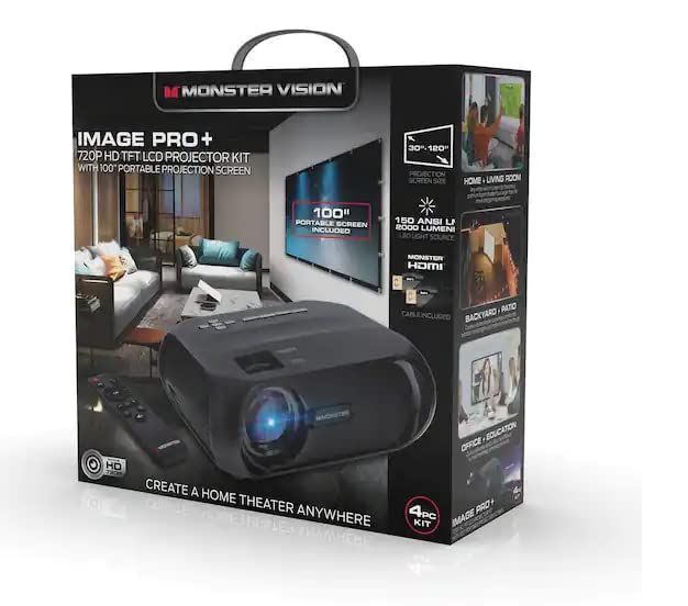 Monster Image Pro 720 HD Extra-Bright LCD Projector, 2000 Lumens, Projects Up to 16ft, Max Resolution: 1080 HD, Universal Image/Audio/Video Support, AV/USB/HDMI/SD Input