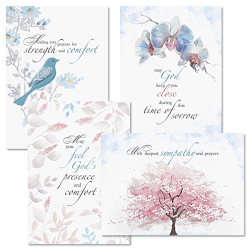 Sympathy Comfort Faith Cards with Scripture - Set of 8 (4 Designs), Large 5" x 7", Religious Sympathy Cards with Sentiments Inside, White Envelopes