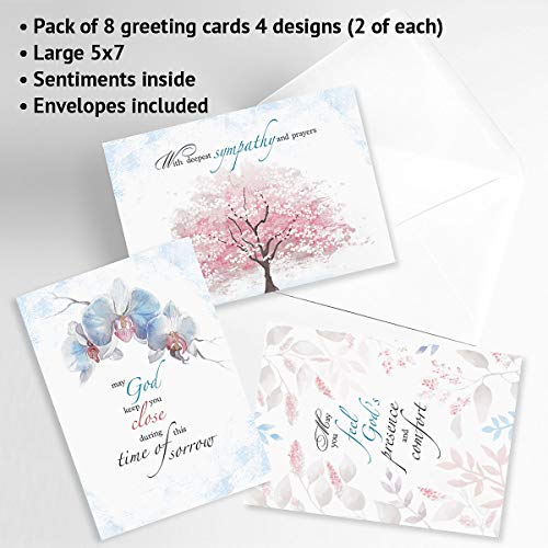 Sympathy Comfort Faith Cards with Scripture - Set of 8 (4 Designs), Large 5" x 7", Religious Sympathy Cards with Sentiments Inside, White Envelopes