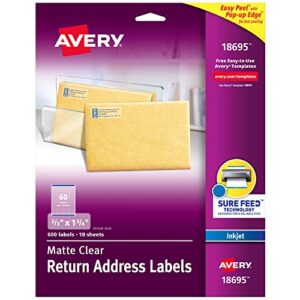 avery printable return address labels with sure feed, 2/3″ x 1-3/4″, matte clear, 600 blank mailing labels (18695)