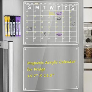 oleksand acrylic magnetic dry erase calendar board for fridge, 16”x12″ clear 2 set acrylic calendar planner board for refrigerator, reusable calendar whiteboard includes 6 markers 3 colors