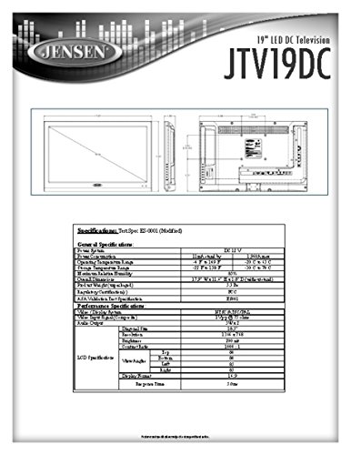 Jensen JTV19DC HD Ready 19 Inch 12V DC RV LED TV with Integrated HDTV (ATSC) Tuner, HD Ready (1080p, 720p, 480p), 1366 x 768 Full HD, Dual Function Wireless Remote Control, Black