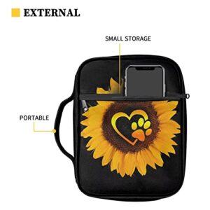 Drydeepin Yellow Sunflower Cute Cartoon Dog Paws Print Womens Bible Case Zippered Bible Covers Church Study Supplies Portable Carrying Bible Case with Handle for Pastor Gifts