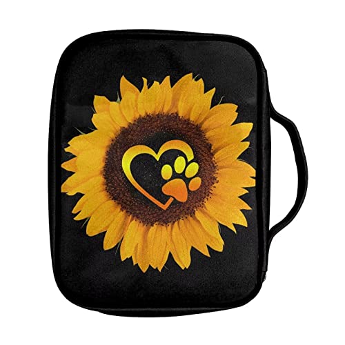 Drydeepin Yellow Sunflower Cute Cartoon Dog Paws Print Womens Bible Case Zippered Bible Covers Church Study Supplies Portable Carrying Bible Case with Handle for Pastor Gifts