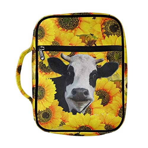 Drydeepin Cute Cow Cattle Yellow Sunflower Print Bible Case for Women Bible Journaling Supplies Bible Carrying Bag with Zipper Bible Book Covers Large Briefcase Bag for Work