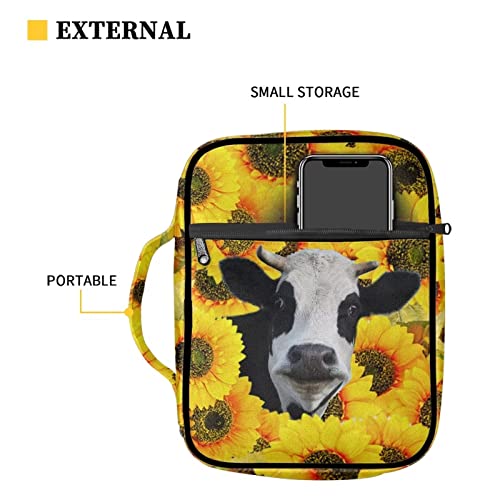 Drydeepin Cute Cow Cattle Yellow Sunflower Print Bible Case for Women Bible Journaling Supplies Bible Carrying Bag with Zipper Bible Book Covers Large Briefcase Bag for Work