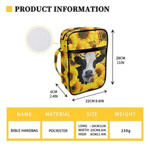 Drydeepin Cute Cow Cattle Yellow Sunflower Print Bible Case for Women Bible Journaling Supplies Bible Carrying Bag with Zipper Bible Book Covers Large Briefcase Bag for Work