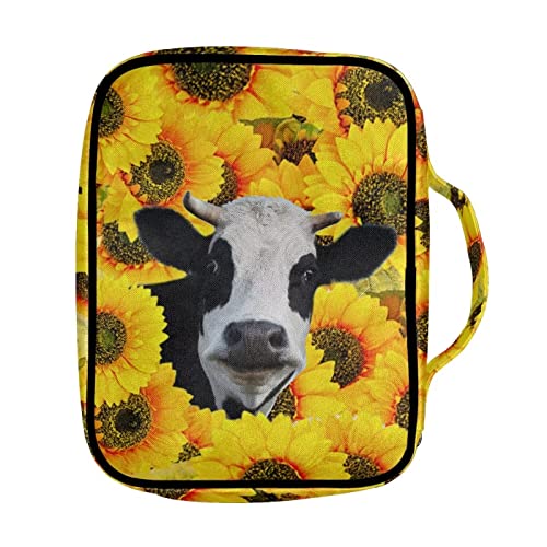 Drydeepin Cute Cow Cattle Yellow Sunflower Print Bible Case for Women Bible Journaling Supplies Bible Carrying Bag with Zipper Bible Book Covers Large Briefcase Bag for Work