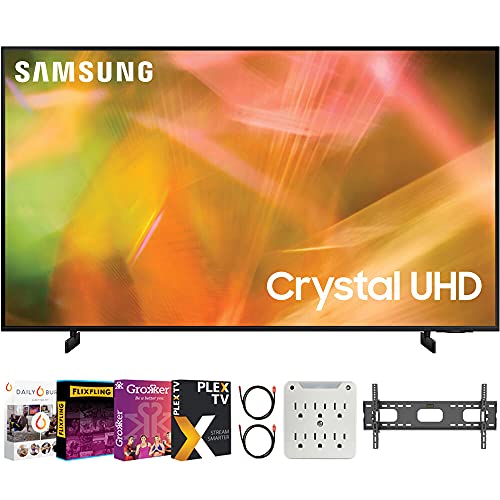 SAMSUNG UN43AU8000FXZA 43 Inch 4K Crystal UHD Smart LED TV Bundle with Premiere Movies Streaming + 37-100 Inch TV Wall Mount + 6-Outlet Surge Adapter + 2X 6FT 4K HDMI 2.0 Cable