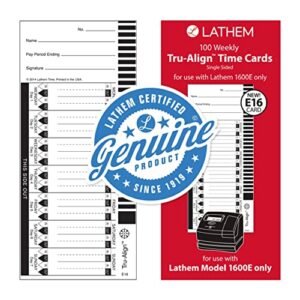 lathem trualign e16 time cards for 1600e, weekly, 1-sided, 4″ x 9″, white, box of 100
