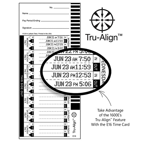 Lathem TruAlign E16 Time Cards for 1600E, Weekly, 1-Sided, 4" x 9", White, Box of 100