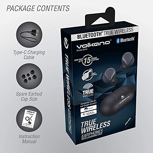 Volkano Scorpio Series 15Hr Bluetooth Ear Buds for Running and Type-C Charging Case [Black] Volkano Race Series Bluetooth Earbuds with Ear Hooks & Microphone for Sports [Black] - 2 Items