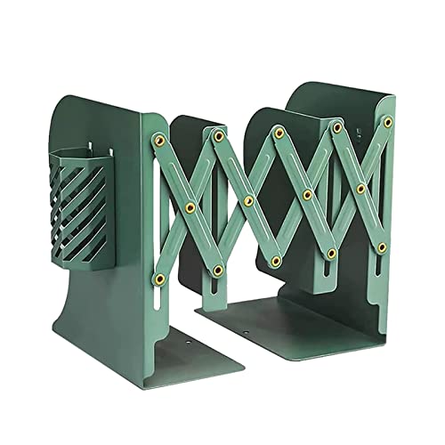 PRVDV Adjustable Bookends Adjustable Metal Bookends with Pen Holder Retractable Bookshelf Book Organizer Desk Book Support Stand Storage Tool (Color : Green)