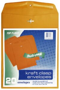 top flight clasp envelopes, gummed and clasped closure, 9 x 12 inches, brown kraft, 20 envelopes per pack (6911117)