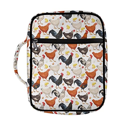 Drydeepin Lovely Cartoon Farmhouse Chicken Rooster Print Bible Case for Women Church Bible Bag with Handle and Zippered Pocket Tote Bible Covers Book Bible Protective