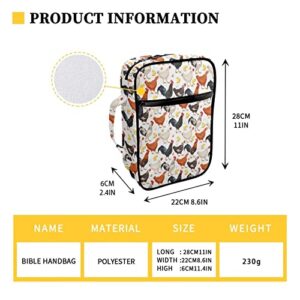 Drydeepin Lovely Cartoon Farmhouse Chicken Rooster Print Bible Case for Women Church Bible Bag with Handle and Zippered Pocket Tote Bible Covers Book Bible Protective