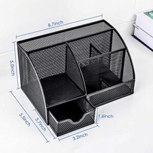 Mesh Desk Organizer, Refand Desktop Office Supplies Multi-Functional Caddy Pen Holder Stationery with 6 Compartments and 1 Drawer for Office, Home, School, Classroom