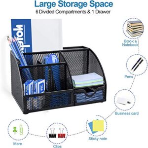 Mesh Desk Organizer, Refand Desktop Office Supplies Multi-Functional Caddy Pen Holder Stationery with 6 Compartments and 1 Drawer for Office, Home, School, Classroom