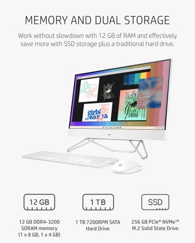 HP 27” All-in-One Desktop PC, AMD Ryzen 7 5700U, 12 GB RAM, 256 GB SSD & 1 TB Hard Drive, Full HD IPS Display, Windows 11 Pro, 720p Privacy Webcam, Dual Mics, Keyboard and Mouse (27-CB0052, 2022)