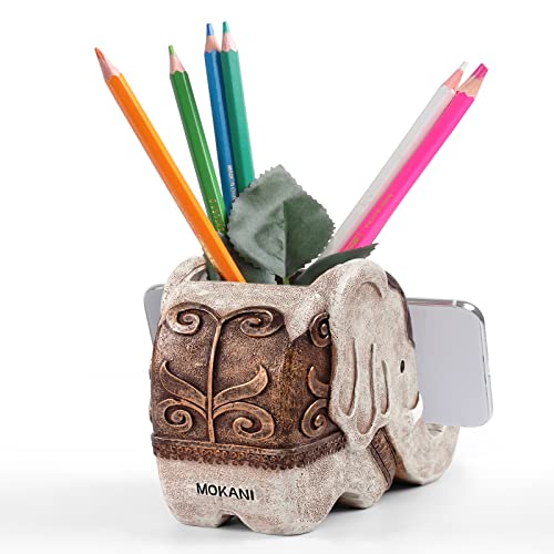 MOKANI Pen Pencil Holder with Phone Stand, Multifunctional Elephant Shaped Desk Organizer Desk Decor Elephant Gifts for Women Cute Desk Accessories Home Office Decoration Thanksgiving Christmas Gift