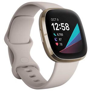 fitbit sense health & fitness smartwatch w/ gps, bluetooth call/text, heart rate spo2, ecg, skin temperature & stress sensing (s & l bands, 90 day premium included) international version (white/gold)