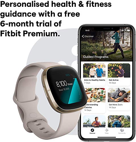 Fitbit Sense Health & Fitness Smartwatch W/ GPS, Bluetooth Call/Text, Heart Rate SpO2, ECG, Skin Temperature & Stress Sensing (S & L Bands, 90 Day Premium Included) International Version (White/Gold)
