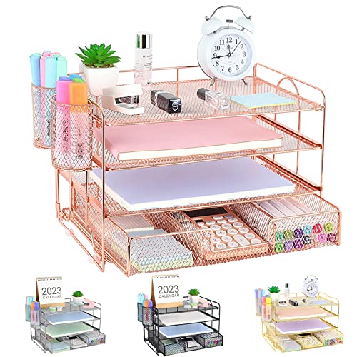 Spacrea Desk Organizers and Accessories - 4 Tier Letter Tray Paper Organizer with Drawer and 2 Pen Holder, Desktop File Organizer for Office Supplies(Rose Gold)