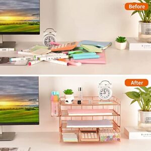 Spacrea Desk Organizers and Accessories - 4 Tier Letter Tray Paper Organizer with Drawer and 2 Pen Holder, Desktop File Organizer for Office Supplies(Rose Gold)