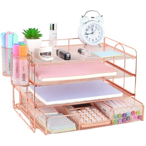 Spacrea Desk Organizers and Accessories - 4 Tier Letter Tray Paper Organizer with Drawer and 2 Pen Holder, Desktop File Organizer for Office Supplies(Rose Gold)