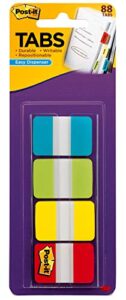 post-it tabs, 1 in solid, aqua, lime, yellow, red, 22/color, 88/dispenser (686-alyr1in)