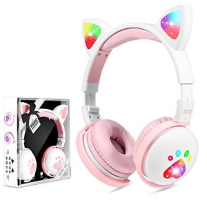 Kids Headphones, Wireless Cat Ear LED Light Up Bluetooth Headphones for Girls w/Microphone, Over On Ear Headset for School/Kindle/Tablet/PC Online Study Birthday Xmas Gift (Pink&White)