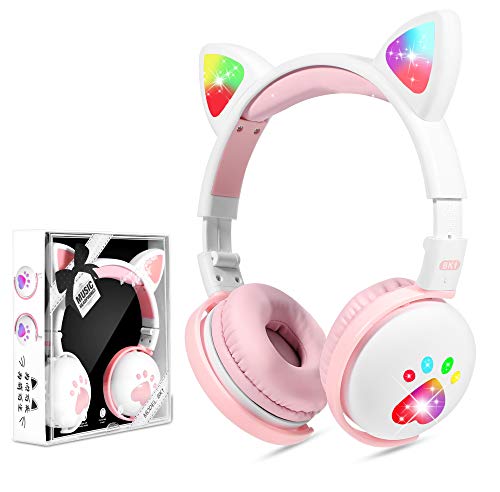 Kids Headphones, Wireless Cat Ear LED Light Up Bluetooth Headphones for Girls w/Microphone, Over On Ear Headset for School/Kindle/Tablet/PC Online Study Birthday Xmas Gift (Pink&White)