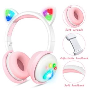 Kids Headphones, Wireless Cat Ear LED Light Up Bluetooth Headphones for Girls w/Microphone, Over On Ear Headset for School/Kindle/Tablet/PC Online Study Birthday Xmas Gift (Pink&White)