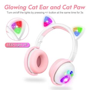 Kids Headphones, Wireless Cat Ear LED Light Up Bluetooth Headphones for Girls w/Microphone, Over On Ear Headset for School/Kindle/Tablet/PC Online Study Birthday Xmas Gift (Pink&White)