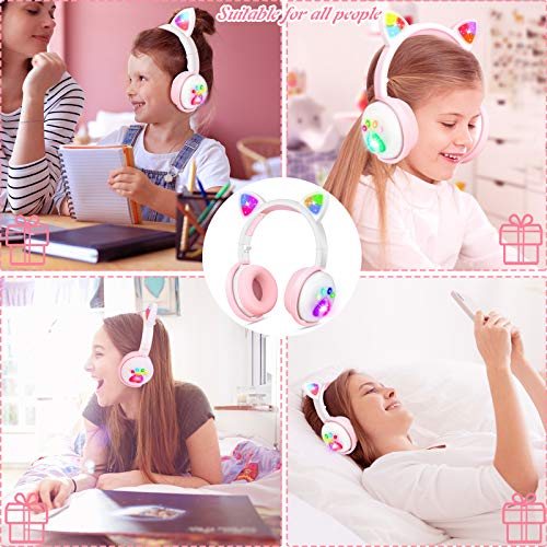 Kids Headphones, Wireless Cat Ear LED Light Up Bluetooth Headphones for Girls w/Microphone, Over On Ear Headset for School/Kindle/Tablet/PC Online Study Birthday Xmas Gift (Pink&White)