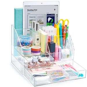 arcobis acrylic desk organizer with 2 drawers, clear office desktop accessories stationery pen organizer for desk, features 5 compartments + 2 sliding drawer