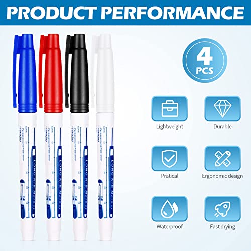 4 Pcs Deep Reach Markers Long Nose Marker Waterproof Deep Hole Marker Carpenter Ink Marker 30 mm Reach Permanent Markers and Marker Pens for Carpenters Builders Construction, 4 Colors