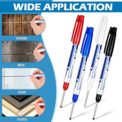 4 Pcs Deep Reach Markers Long Nose Marker Waterproof Deep Hole Marker Carpenter Ink Marker 30 mm Reach Permanent Markers and Marker Pens for Carpenters Builders Construction, 4 Colors