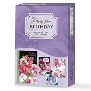 designer greetings faithfully yours inspirational birthday boxed card assortment, teacup wishes with biblical scripture verses (box of 12 greeting cards with envelopes), purple (658-00510-000)
